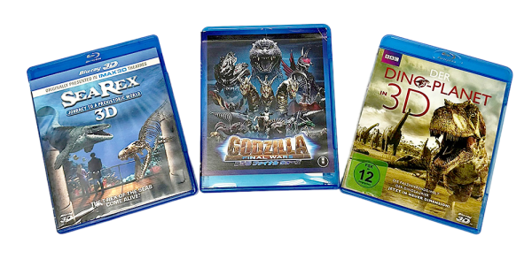 Tres carátulas de Blu-ray con temas de dinosaurios, ideales para fans del cine y coleccionistas.