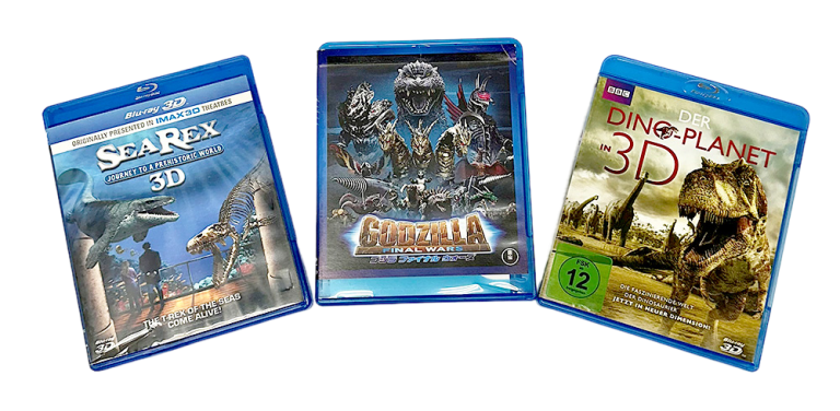 Tres carátulas de Blu-ray con temas de dinosaurios, ideales para fans del cine y coleccionistas.