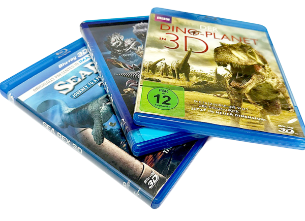 Tres cajas de Blu-ray con temática de dinosaurios y cine, ideales para coleccionistas y amantes del séptimo arte.