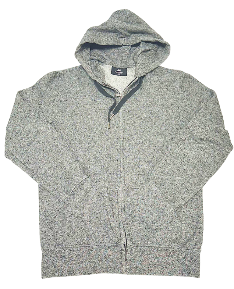 Sudadera con cremallera gris de H&M, capucha y bolsillos laterales, ideal para looks casuales.