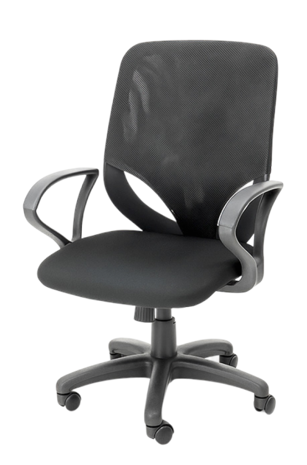 Black office desk chair ergonomic with mesh back, armrests, and wheels for comfortable workspace seating.