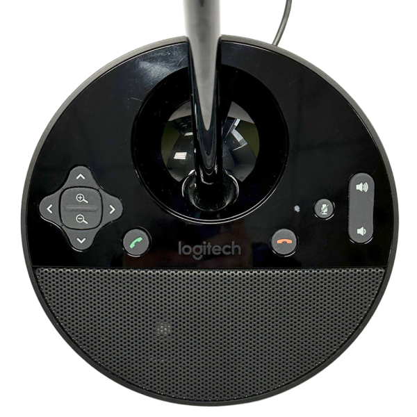 Top view of the BCC950 conference camera base showing control buttons, microphone, and speaker.