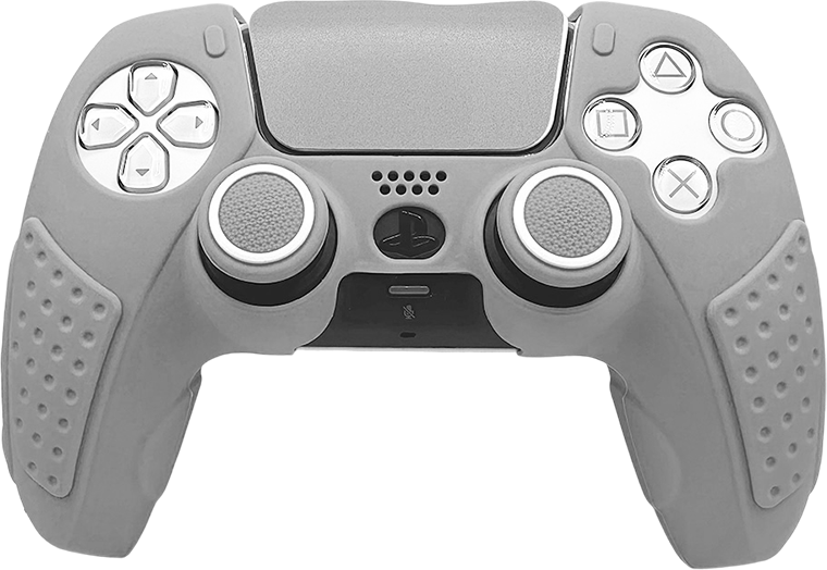 Mando de PlayStation 5 gris con empuñaduras antideslizantes, ideal para juegos en PS5.