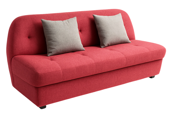 Sofá de 2 plazas moderno en color rojo con dos cojines grises, ideal para sala o recibidor.