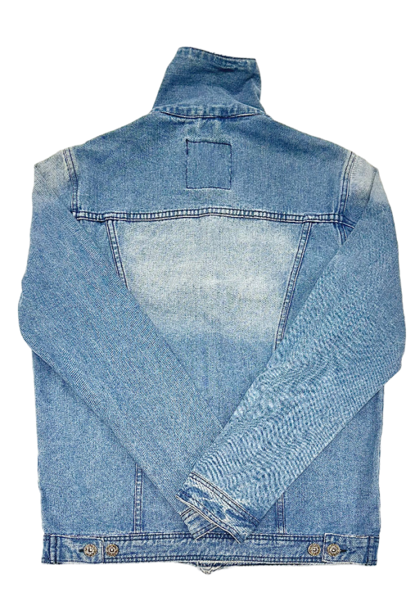 Back view of a blue jean jacket jacket in denim, displayed on a white background.