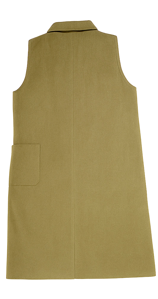 Back view of Kashieca olive green casual dress for women, sleeveless with a pocket and collared neckline.