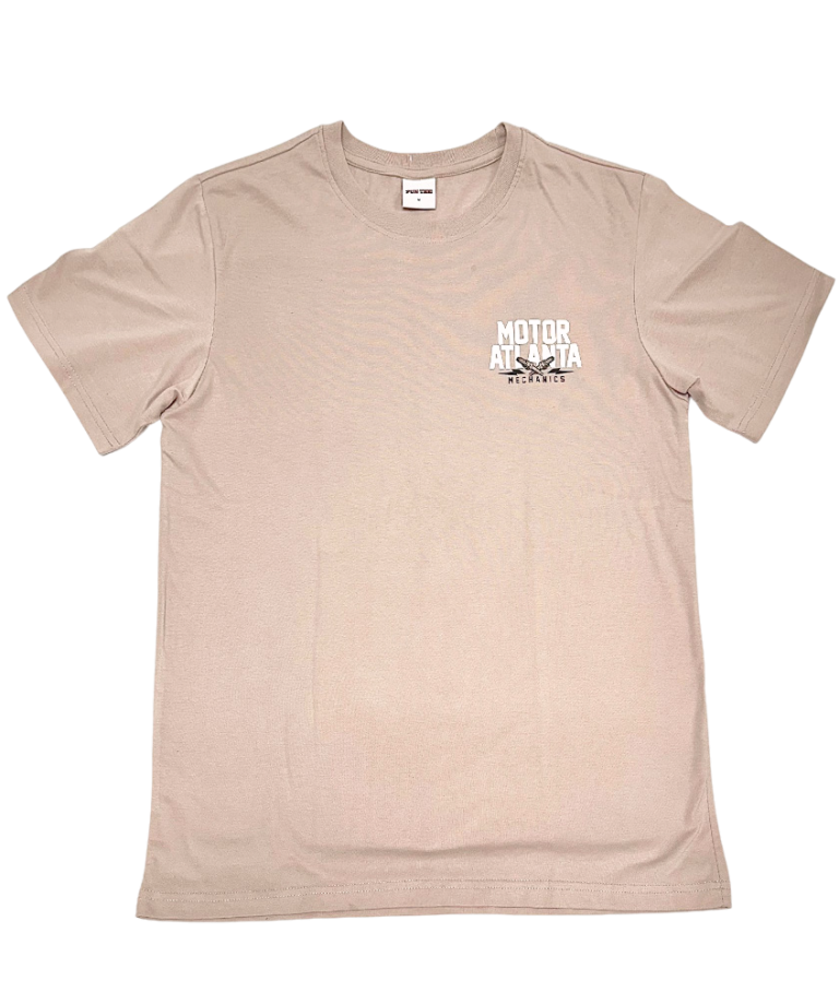 Camiseta transpirable beige FunTee Motor Atlanta con logo en el pecho, ideal para comodidad y estilo casual.