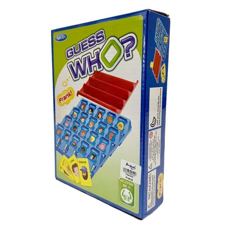 Caja del juego Quien es quien con tablero azul y cartas de personajes en la portada.