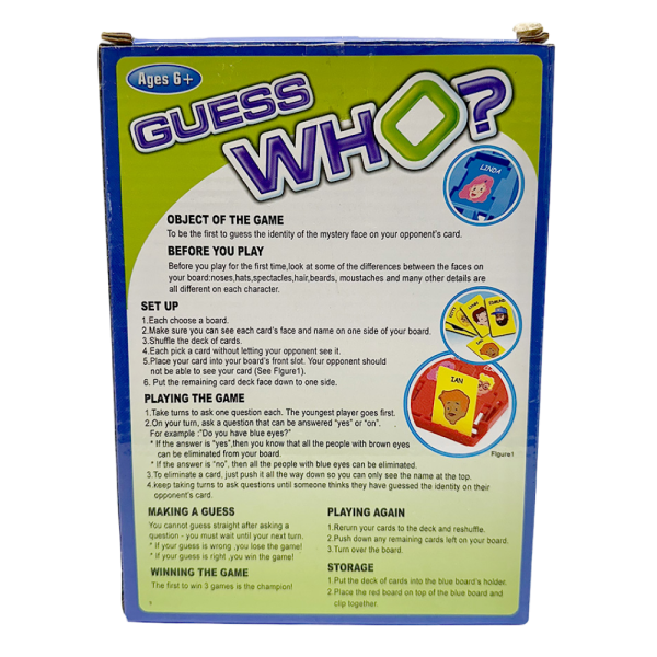 Back of Guess Who? family board game box showing instructions and colorful graphics for ages 6 and up.