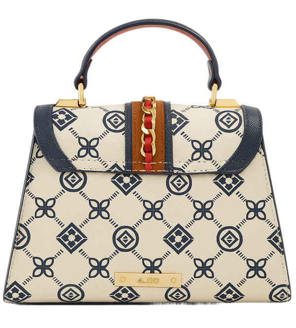 Bolso bandolera mujer Aldo Donelly diseño geométrico azul y crema con asa superior y detalle de cadena dorada.
