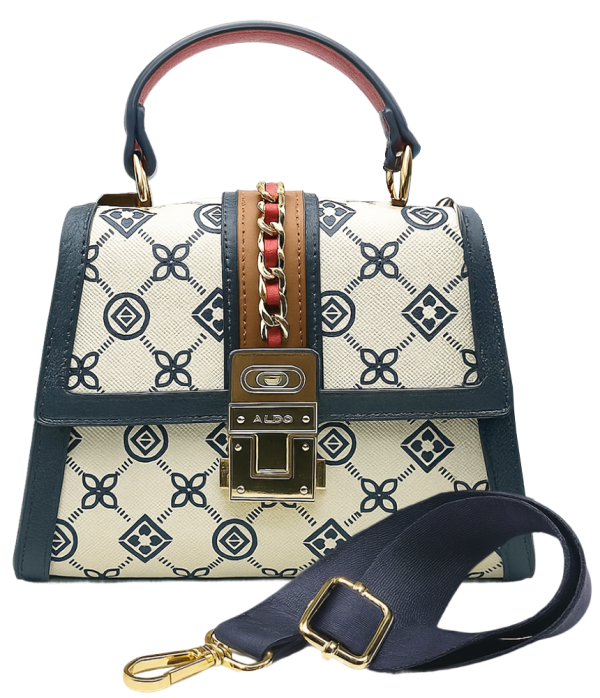 Aldo Donelly women's purse with geometric print, gold hardware, and detachable navy strap.