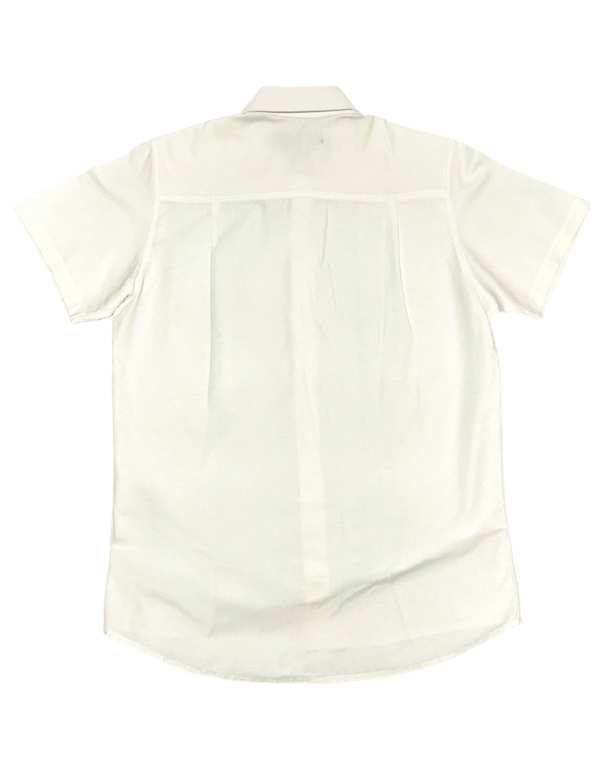 Back view of a white British Polo collared shirt with short sleeves, perfect for casual and formal wear.