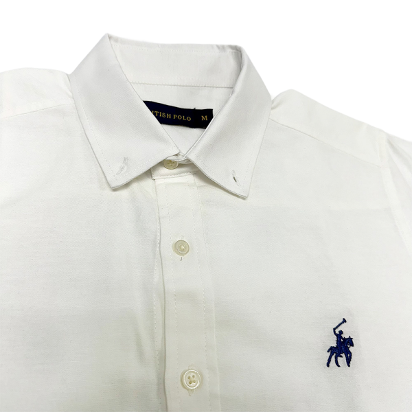 White British Polo short sleeve collared shirt featuring a blue embroidered logo on the chest.