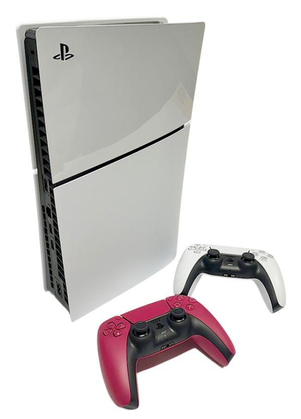 PlayStation 5 Slim Bundle gaming console with two controllers, one white and one red.
