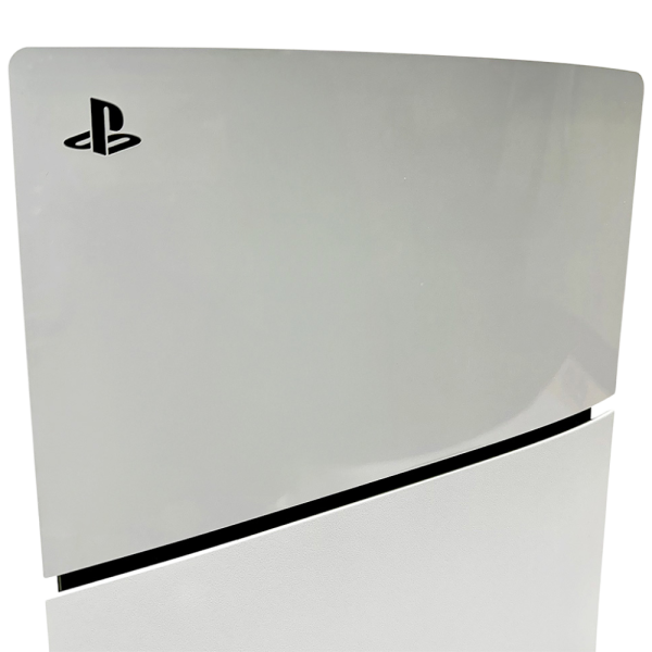 PlayStation 5 Slim Bundle gaming console with sleek white design and PlayStation logo on the front panel.