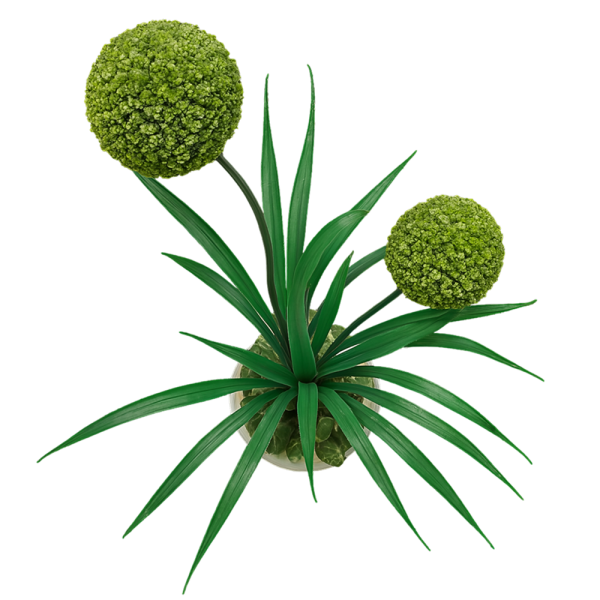 Arreglo de topiaria artificial con esferas verdes, ideal como decoración con plantas artificiales.