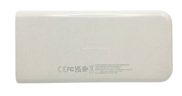 Samsung power bank portable power pack, white with logo and certification markings visible.
