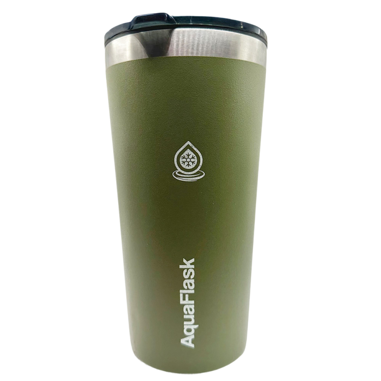 Termos cafe Aquaflask Taza Térmica color verde oliva con tapa, ideal para bebidas calientes o frías.