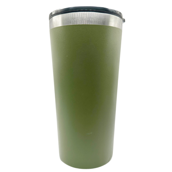 Olive green Aquaflask insulated mug for coffee with stainless steel rim and black lid.