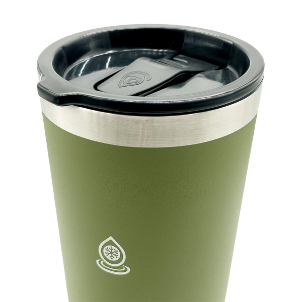 Olive green Aquaflask insulated mug for coffee with a secure black lid, perfect for keeping drinks hot or cold.