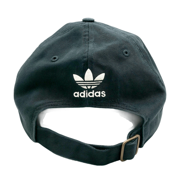Gorra Adidas Originals negra vista trasera, logo bordado, ideal para looks streetwear urbanos.