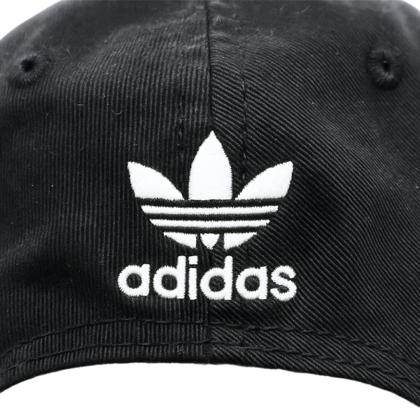 Black Adidas Originals baseball cap with white trefoil logo and adidas text, stylish caps for everyday wear.