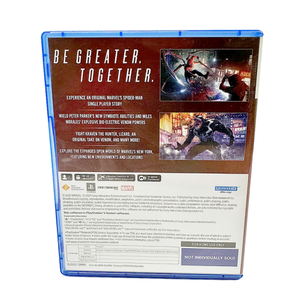 Back cover of PS5 Marvel Spiderman 2 game case, featured in ps5 bundles product listing.