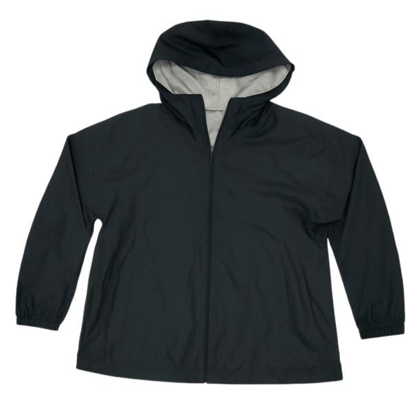 Black Uniqlo reversible sports jacket with hood displayed flat, showing full zip front and light gray inner lining.