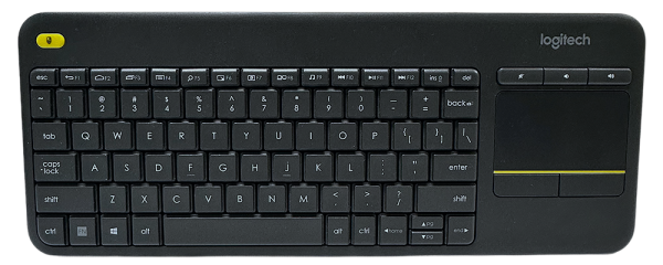 Logitech K400 wireless keyboard with touchpad mouse, compact design and integrated controls.