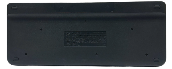 Back view of Logitech K400 wireless keyboard with touchpad mouse, showing battery compartment and product details.