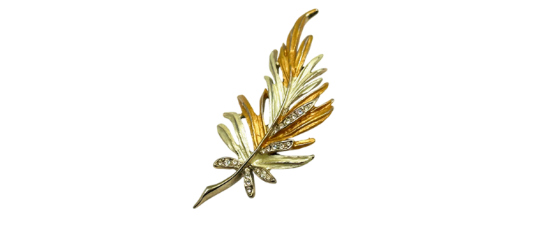 Broche de hoja bicolor en oro con incrustaciones brillantes, elegante accesorio de oro joyería.