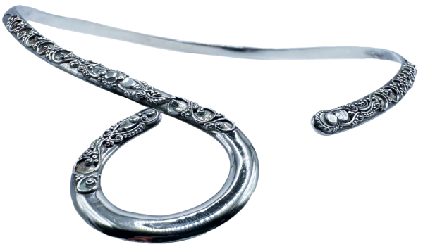 Silver Loop Open Collar Necklace with intricate detailing and an open, adjustable design displayed on a white background.
