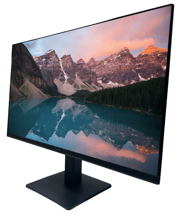 Samsung monitor Samsung Essential S3 24″ Full HD IPS, 75Hz, HDMI display with vivid mountain landscape on screen.