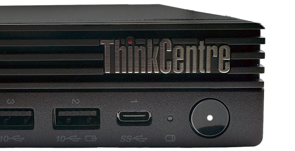 Lenovo ThinkCentre M70q Gen 5 windows 11 desktop front view showing USB ports and power button.