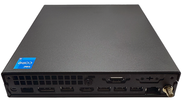 Lenovo ThinkCentre M70q Gen 5 Windows 11 desktop, rear view with ports and Intel Core sticker visible.