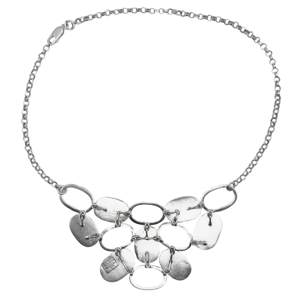 Elegant silver necklace featuring interconnected shiny discs, perfect for adding style to any outfit.