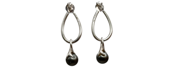 Silver drop earrings with elegant loops and black pearls, perfect for any jewelry collection.