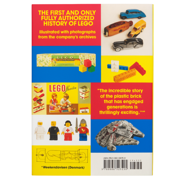 Back cover of The LEGO Story nonfiction book featuring colorful images and quotes about LEGO's history and impact.