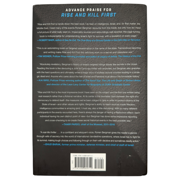 Back cover of Rise and Kill First book, a New York Times bestseller, featuring advanced praise and ISBN barcode.