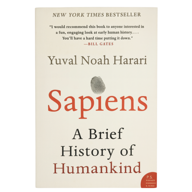 Portada del libro "Sapiens: A Brief History of Humankind" de Yuval Noah Harari, best seller internacional.