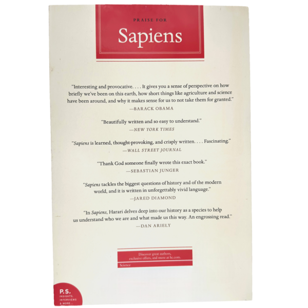 Back cover of Sapiens nonfiction book featuring praise and testimonials from notable reviewers.